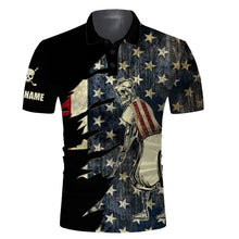 Load image into Gallery viewer, American flag golf skull patriotic Men golf polo upf shirts custom team black golf polo NQS3681