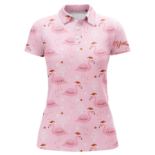 Womens golf polo shirt custom pink flamingo Christmas pattern in xmas Santa hat, Christmas golf gifts NQS6720