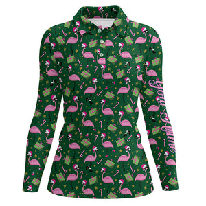 Womens golf polo shirt custom green Flamingo Christmas pattern golf shirt, gift for golf lovers NQS6722