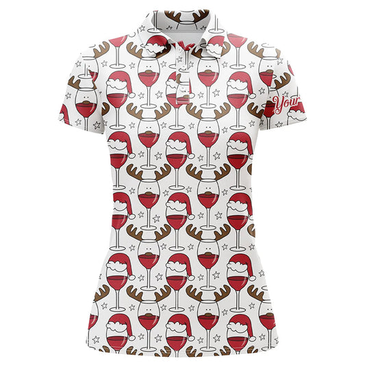 Womens golf polo shirt custom Christmas Wine glass in reindeer antler santa hat, gift for golf lovers NQS6723