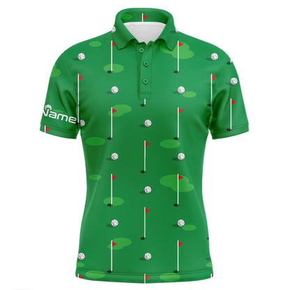 Mens golf polo shirts custom golf flag and balls green Golf Course pattern golf polo shirts for men NQS5080