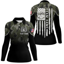 Load image into Gallery viewer, Black green camo Women bowling polo shirts Custom American flag patriotic bowling team league jerseys NQS6263
