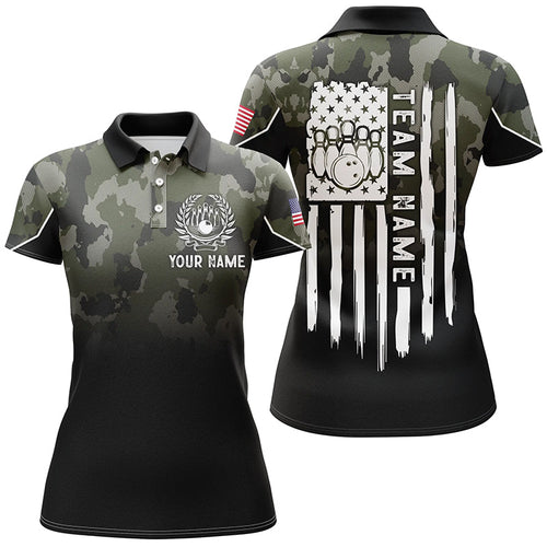 Black green camo Women bowling polo shirts Custom American flag patriotic bowling team league jerseys NQS6263
