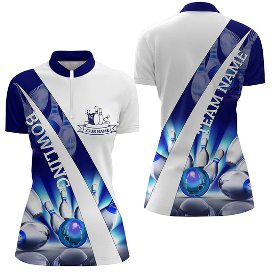 White Bowling Quarter Zip Shirt For women Custom blue light bowling ball pins Team League Jerseys NQS6732