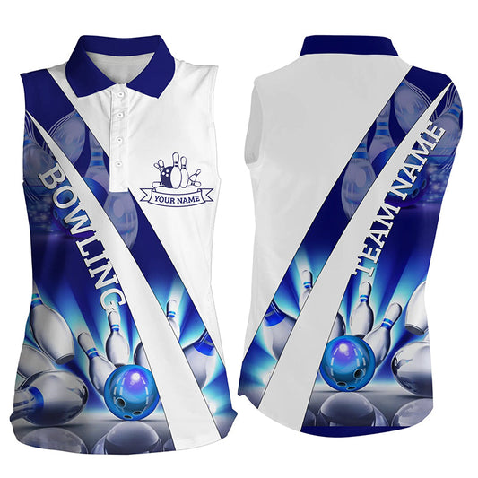 White Bowling sleeveless polo For women Custom blue light bowling ball pins Team League Jerseys NQS6732