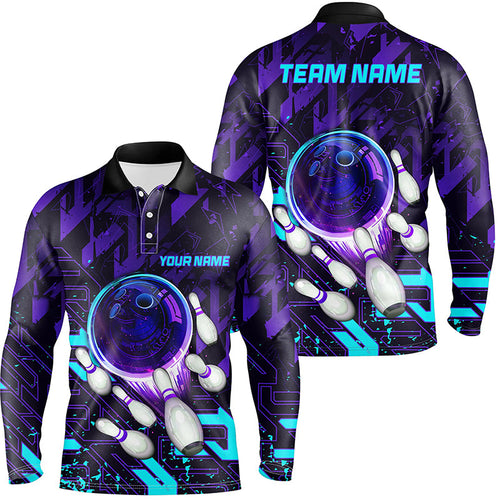 Mens Bowling polo shirts Custom purple blue abstract Bowling Team league Jerseys, bowling gifts NQS7096
