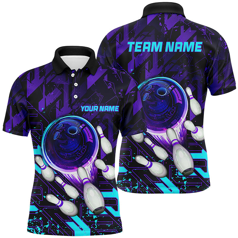 Mens Bowling polo shirts Custom purple blue abstract Bowling Team league Jerseys, bowling gifts NQS7096