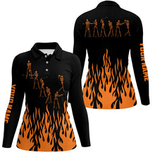 Load image into Gallery viewer, Orange flame golf skeleton custom black Women golf polo shirt, Halloween golf attire for women NQS6273