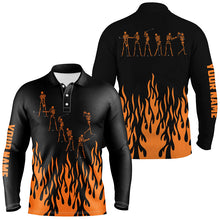 Load image into Gallery viewer, Orange flame golf skeleton custom black Mens golf polo shirts, Halloween black mens golf shirt NQS6273