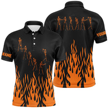 Load image into Gallery viewer, Orange flame golf skeleton custom black Mens golf polo shirts, Halloween black mens golf shirt NQS6273