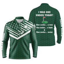 Load image into Gallery viewer, American flag green Mens golf polos shirts custom I was one under today, under a tree, bush and water NQS5092