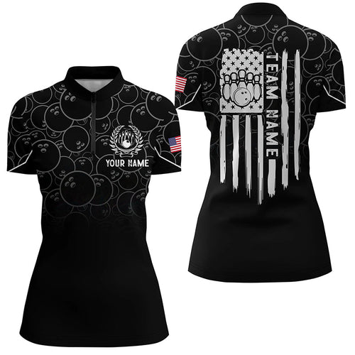 Black bowling camo Women bowling Quarter Zip shirt Custom American flag patriotic bowling team jerseys NQS6760