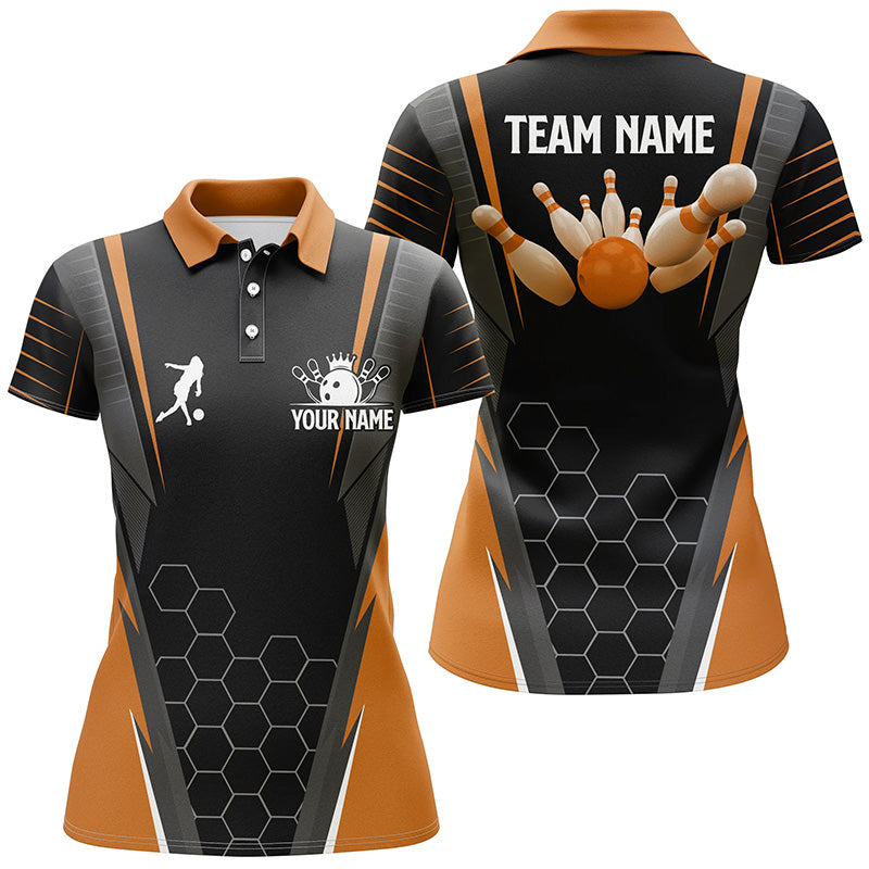 Black Women's Polo Bowling Shirt Custom Name Ladies Bowlers Jersey, team bowling outfits | Orange NQS6503