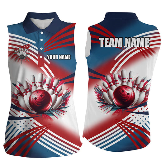Red, white and blue Women sleeveless polo shirts Custom Team bowling ball and pins shirts for women NQS7234