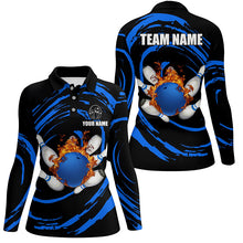 Load image into Gallery viewer, Blue flame bowling ball and pins Women bowling polo shirts Custom Team female bowling outfit NQS7235