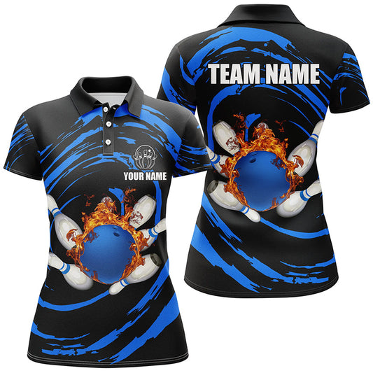 Blue flame bowling ball and pins Women bowling polo shirts Custom Team female bowling outfit NQS7235