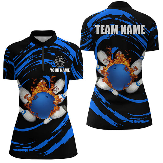 Blue flame bowling ball and pins Womens Bowling Quarter Zip shirts Custom Team female bowling outfit NQS7235