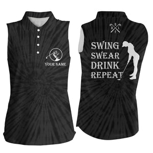 Funny Womens sleeveless polo shirt custom swing swear drink repeat black tie dye pattern golf shirts NQS5116