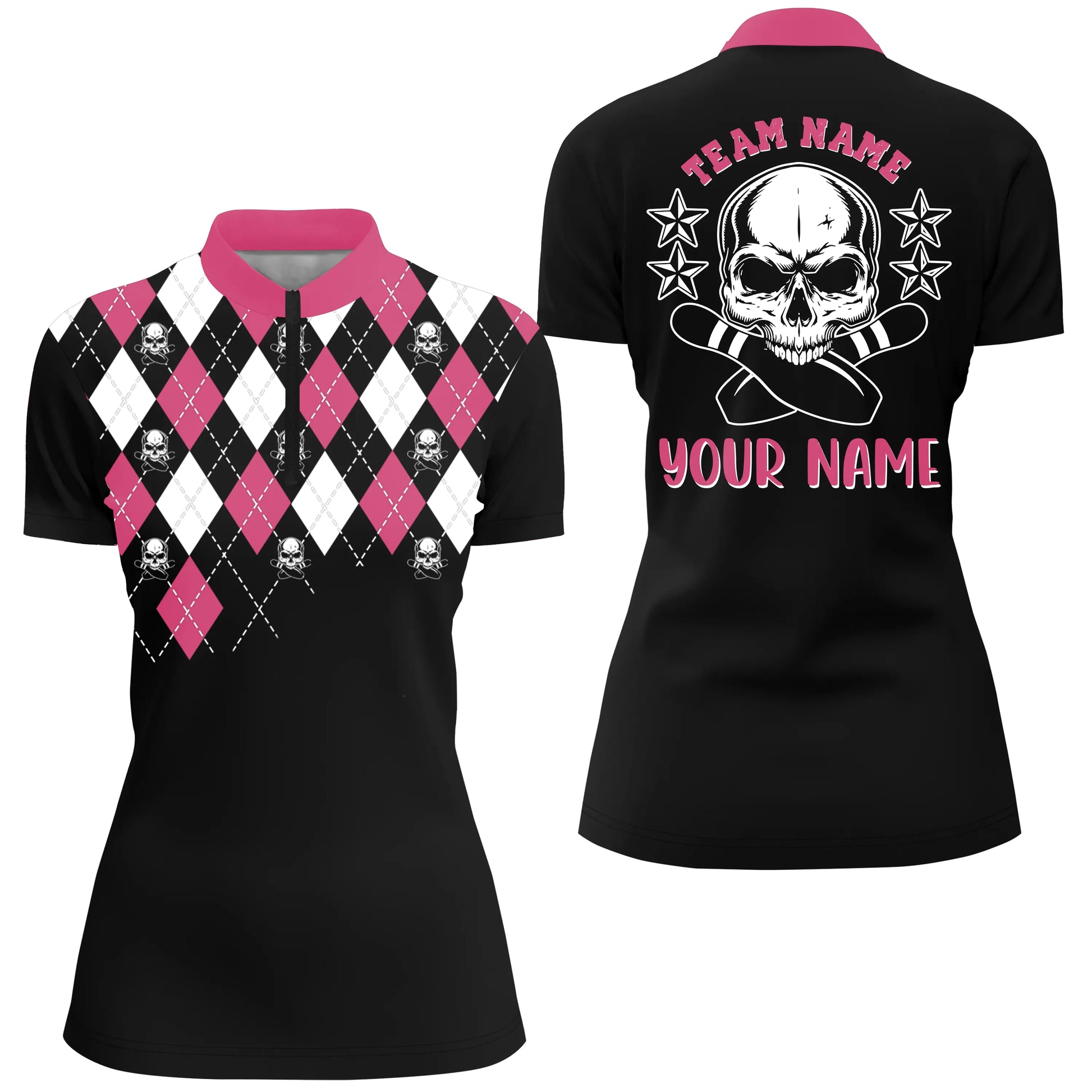 Custom Pink bowling shirt for women – personalized team jersey front view