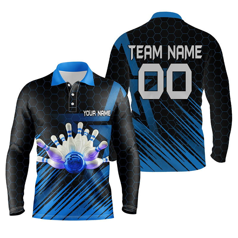 Blue personalized bowling shirt for men – custom name design side view