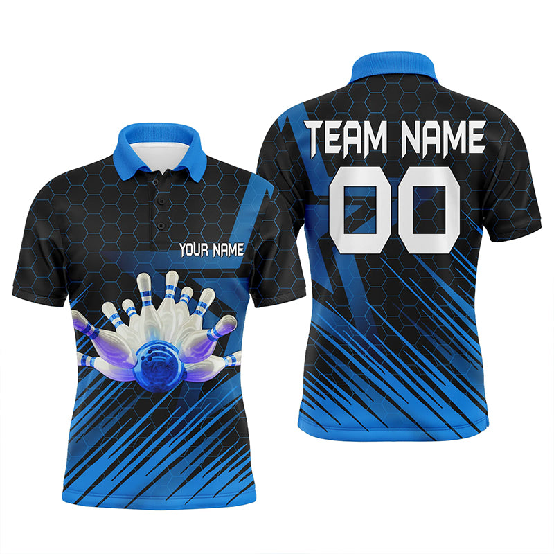 Custom Blue bowling shirt for men – personalized team jersey front view