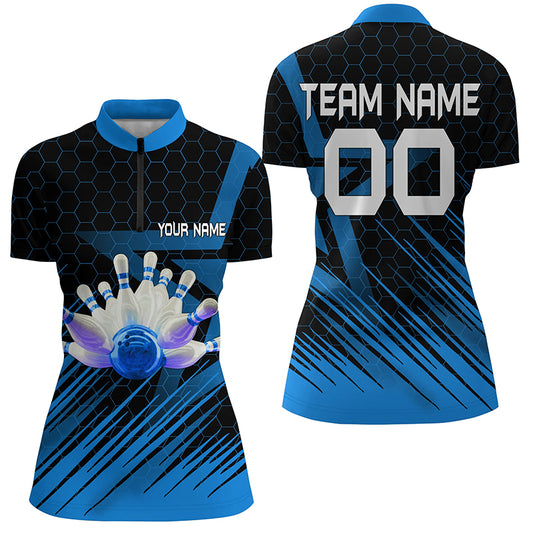 Custom Blue bowling shirt for women – personalized team jersey front view