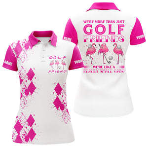 Womens golf polo shirt we're more than just golf friends flamingo custom name funny golf shirt | Pink NQS3882