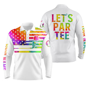 Mens golf polo shirt watercolor American flag custom name Let’s Par Tee white golf shirt NQS4032