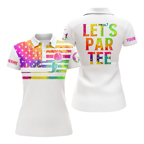 Womens golf polo shirts watercolor American flag custom name Let’s Par Tee white golf shirt NQS4032