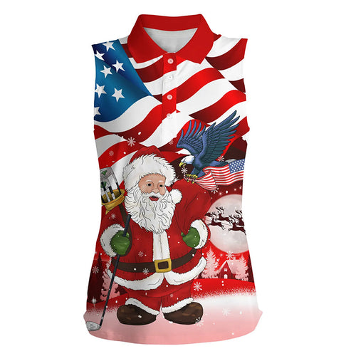 Christmas Santa American flag patriotic Women sleeveless polo shirt, Xmas US flag golf shirts ladies NQS6780