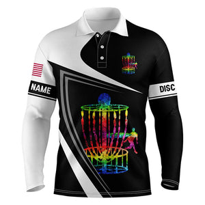 Mens disc golf polo shirt custom name watercolor disc golf basket, black and white disc golf shirts NQS4483
