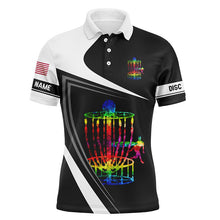 Load image into Gallery viewer, Mens disc golf polo shirt custom name watercolor disc golf basket, black and white disc golf shirts NQS4483