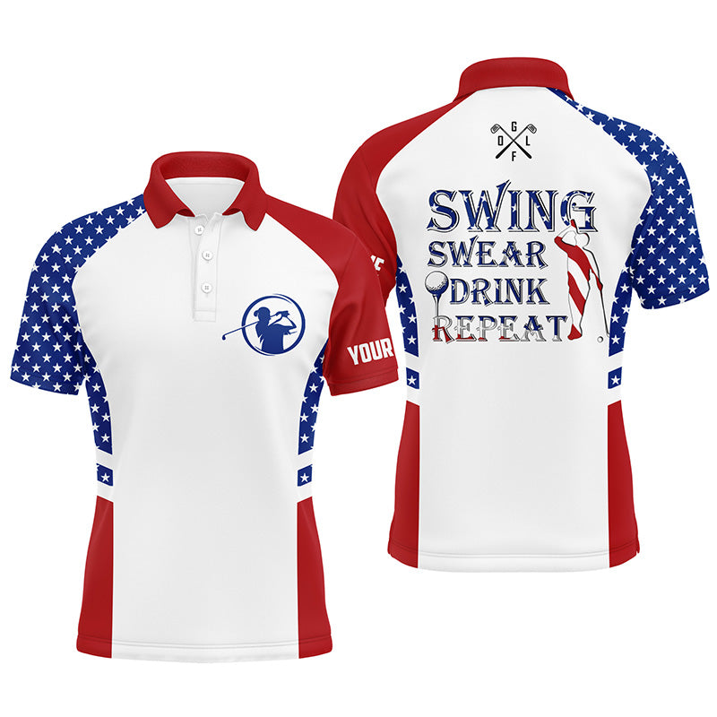 Mens golf polo shirt Swing swear drink repeat custom name American flag patriotic white golf shirt NQS3890