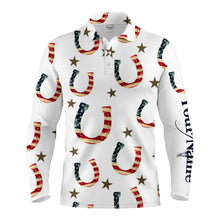 Load image into Gallery viewer, American flag patriotic horse tattoo Custom name Equestrian Horse Riding Casual horse Polo Shirt, gift for horse lovers NQS2282