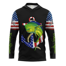 Load image into Gallery viewer, Mahi mahi Dorado fishing legend American flag 4th July Customize Name UV protection UPF 30+ long sleeve fishing shirt NQS1936