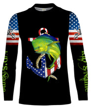 Load image into Gallery viewer, Mahi mahi Dorado fishing legend American flag 4th July Customize Name UV protection UPF 30+ long sleeve fishing shirt NQS1936