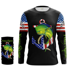 Load image into Gallery viewer, Mahi mahi Dorado fishing legend American flag 4th July Customize Name UV protection UPF 30+ long sleeve fishing shirt NQS1936