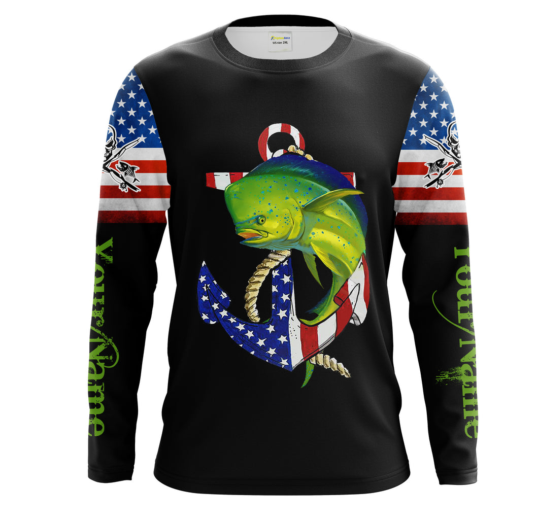 Mahi mahi Dorado fishing legend American flag 4th July Customize Name UV protection UPF 30+ long sleeve fishing shirt NQS1936