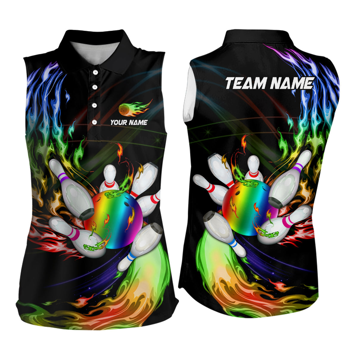 Women bowling sleeveless polos Custom Rainbow flame Bowling ball and pins Team league bowler Jersey NQS6807