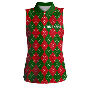 Women sleeveless polo shirts custom green red Christmas plaid pattern shirt for ladies, golf gifts NQS6585