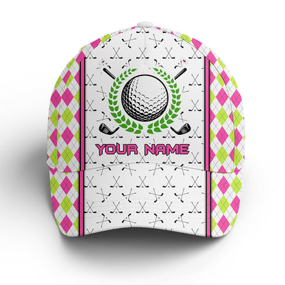 Pink and green argyle pattern golf clubs Golfer hat custom name sun hats for men, womens, golf hats NQS6605