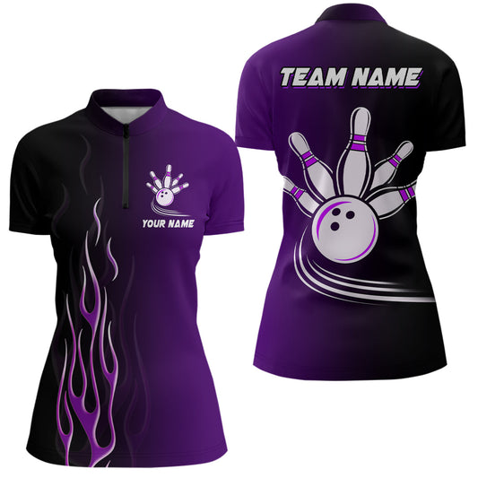 Gradient purple bowling league jerseys custom Women Bowling Quarter Zip Shirt, gifts for bowling team NQS7056