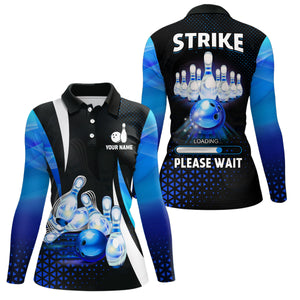 Funny Women bowling polo shirt Custom Strike loading please wait team bowling jerseys | Blue NQS6675