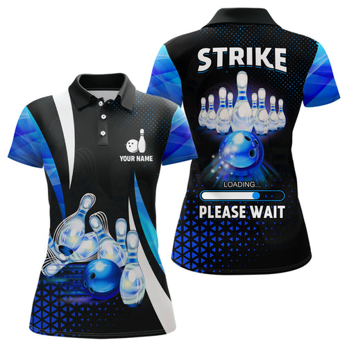 Funny Women bowling polo shirt Custom Strike loading please wait team bowling jerseys | Blue NQS6675