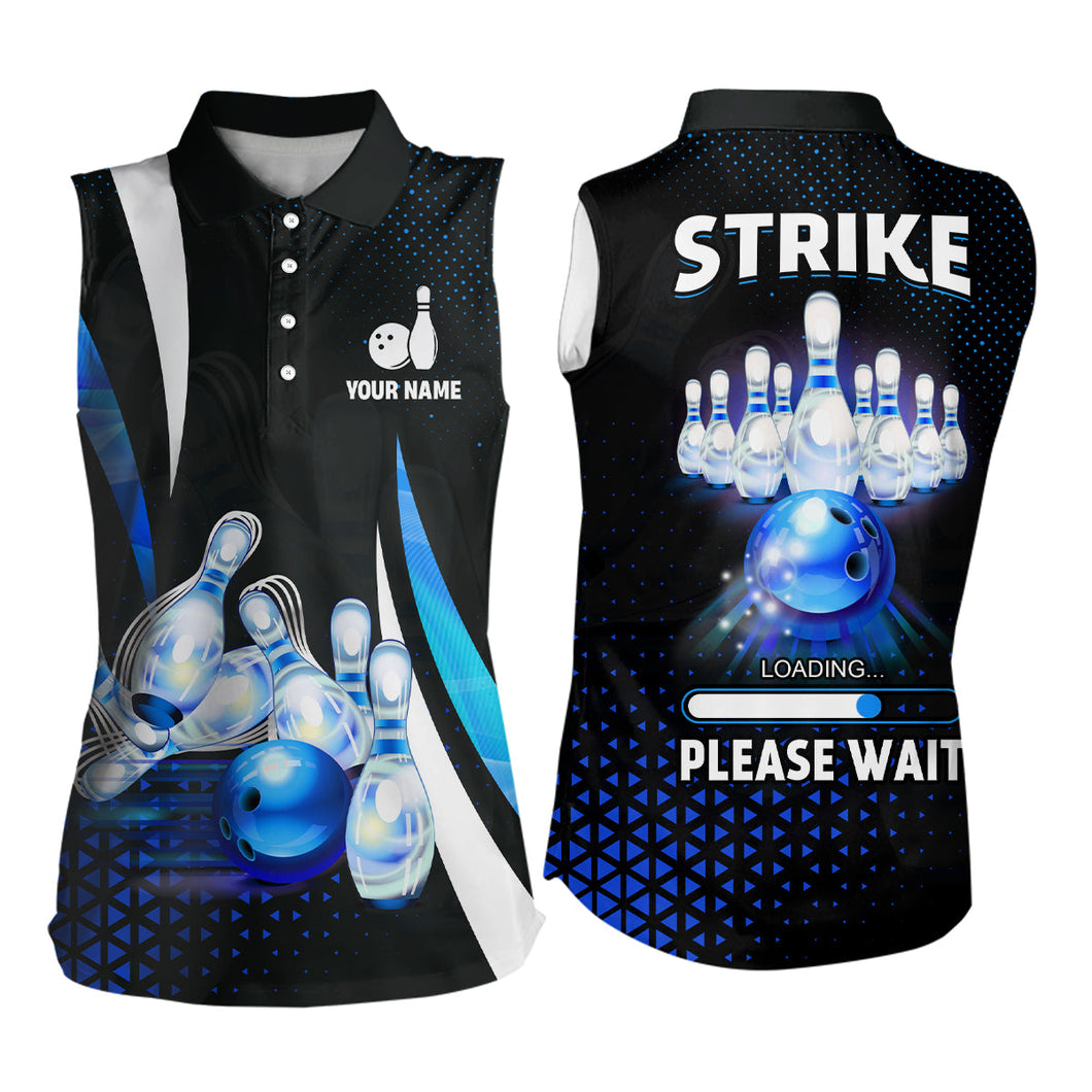 Funny Women sleeveless polo shirts Custom Strike loading please wait team bowling jerseys | Blue NQS6675