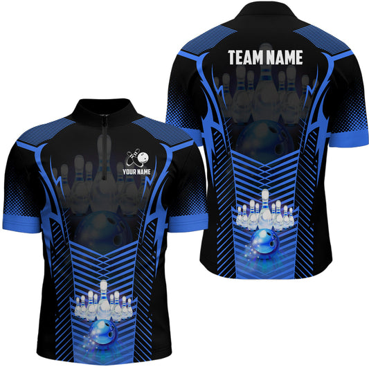 Men Bowling Quarter Zip Shirt Custom Bowling ball pins Team league Jerseys, gifts for bowlers | Blue NQS7071