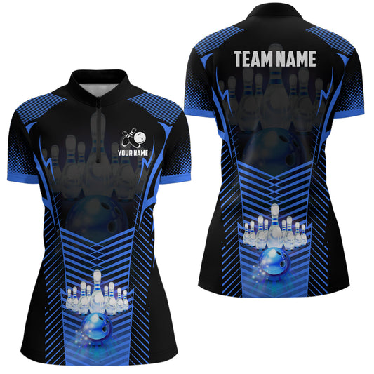 Women Bowling Quarter Zip Shirt Custom Bowling ball pins Team league Jerseys, gifts for bowlers | Blue NQS7071