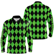 Load image into Gallery viewer, Mens golf polo shirts custom green and black argyle plaid pattern golf attire for men NQS7184