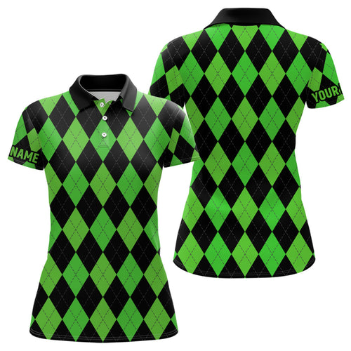 Womens golf polo shirts custom green and black argyle plaid pattern golf attire for ladies NQS7184