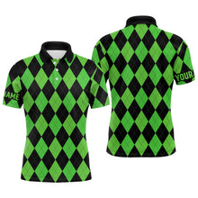 Load image into Gallery viewer, Mens golf polo shirts custom green and black argyle plaid pattern golf attire for men NQS7184
